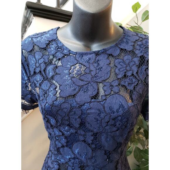 NSR Fit & Flare Dress Women Medium Blue Floral Overlay Lined Fringe Keyhole Back - Picture 14 of 14